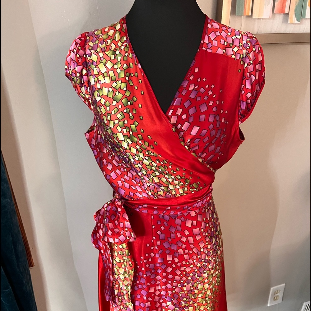 Women, Dress Size (M) YASB Silk Cascading Print Jewel Tones in Red, Purple, Lime